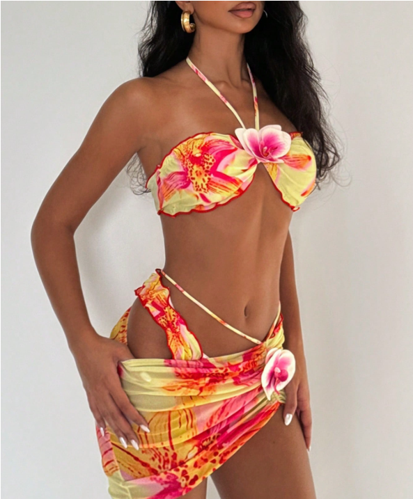 Vacation Printed Backless Halter Sheath Bikini Three Piece Sets