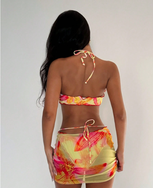 Vacation Printed Backless Halter Sheath Bikini Three Piece Sets