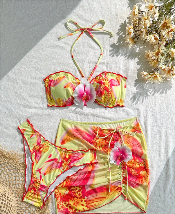Vacation Printed Backless Halter Sheath Bikini Three Piece Sets