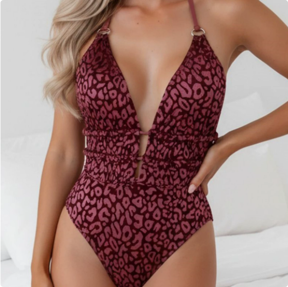 Leopard Print V neck Halter Backless Sexy Slim One Piece One Piece Swimsuit