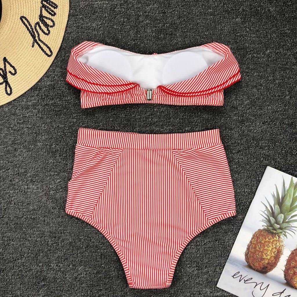 Women Seperated Swimwear Irregular Asymmetric Striped Flounce High Waist Bikini Swimsuit