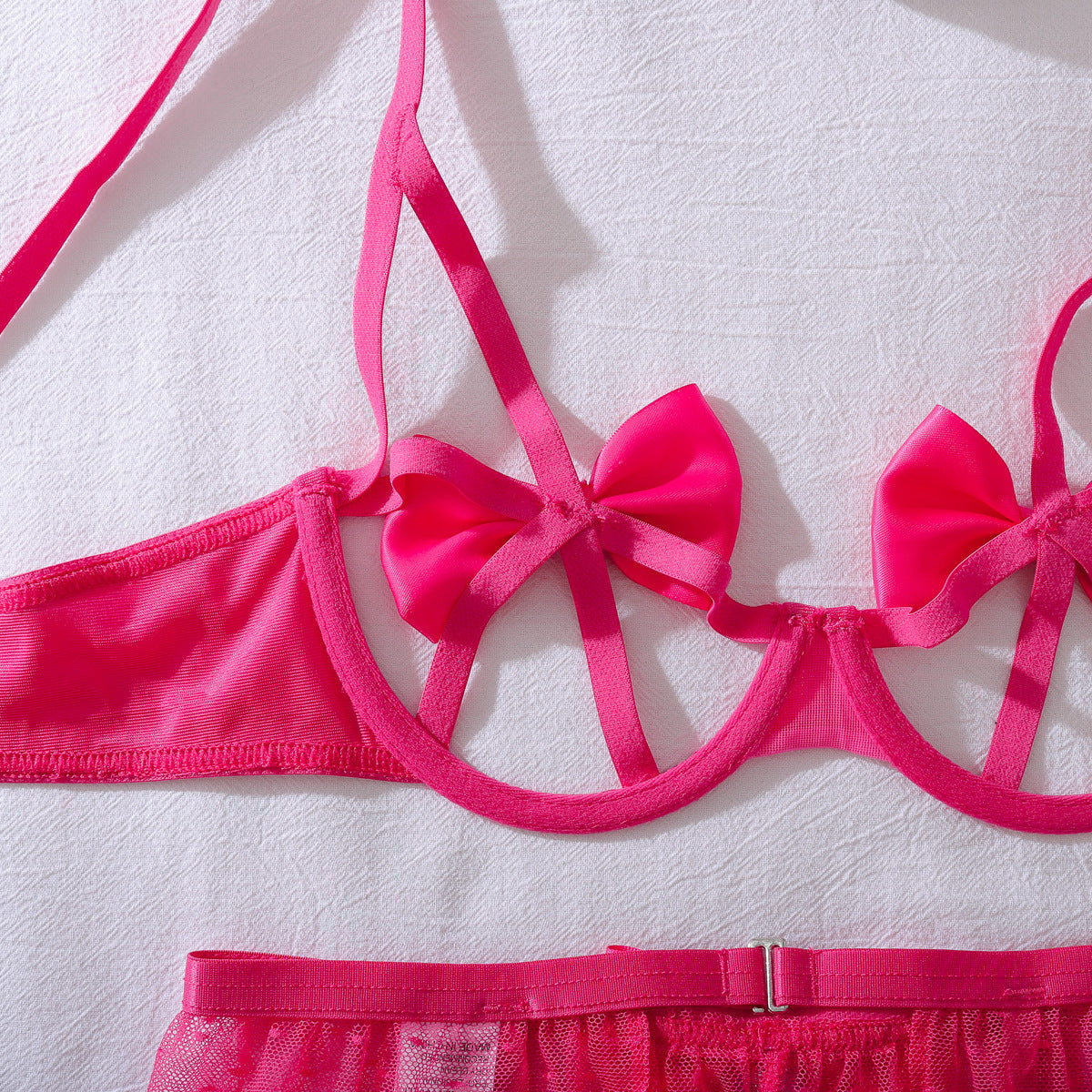 Pink Bow Rhinestone Lingerie Set — Three Piece