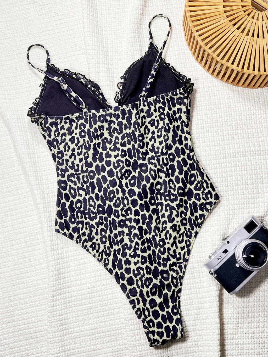 Bikini White Coffee Contrast Color Hollow Out Cutout Strap One Piece Swimsuit