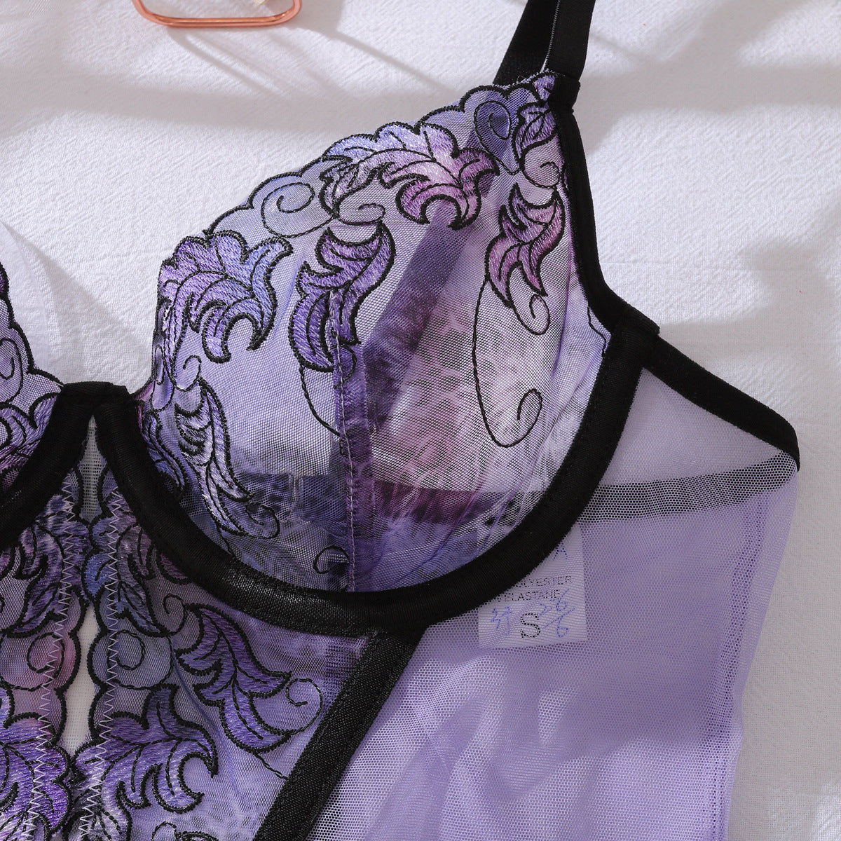 French See through Embroidery Stitching Mesh Body Shaping Sexy Purple Underwear Split Set