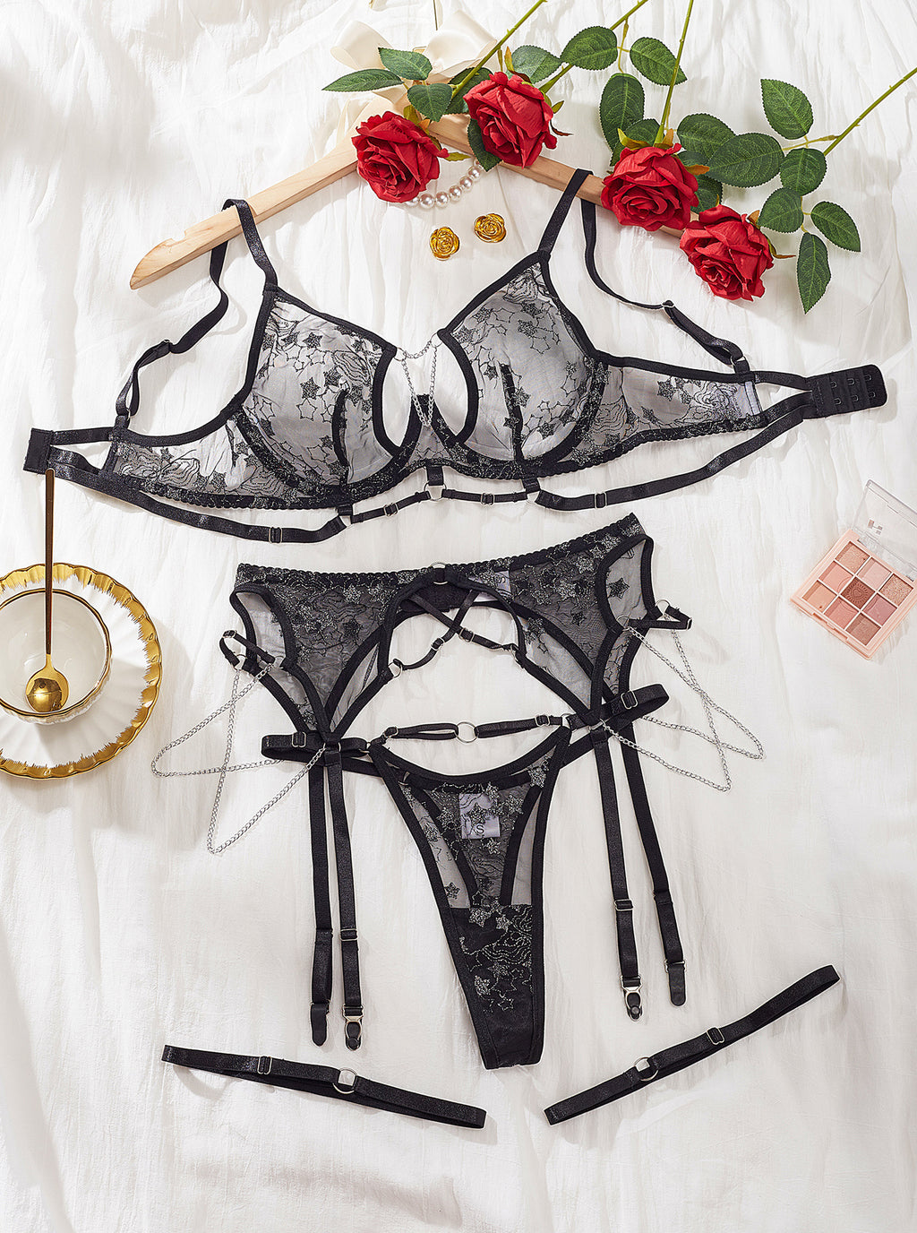 Bra Set Complex Craft Starry Embroidery Hollow Out Cutout Chain Sexy Underwear Four Piece Set