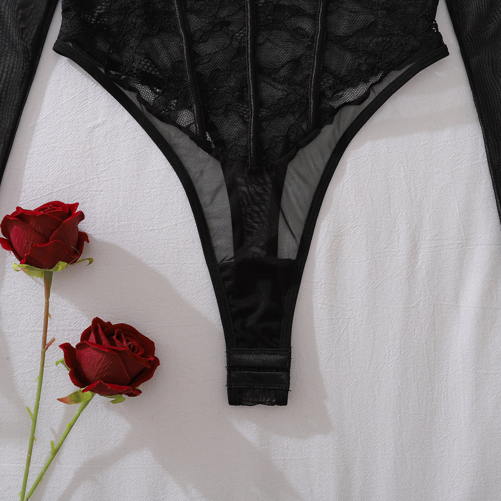 Floral Cutout Lace Stitching Sheer Mesh Body Shaping Sexy Jumpsuit Adjustable Crotch