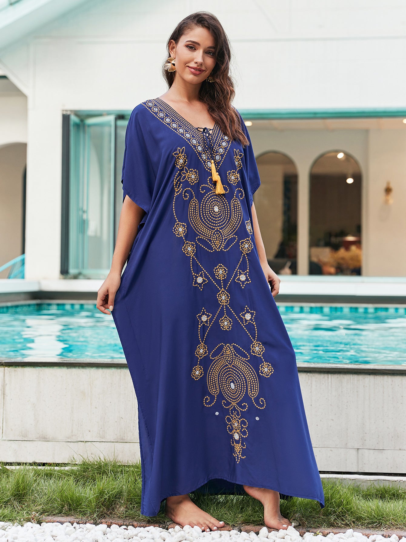 Rayon Embroidered Holiday Loose Maxi Dress Women Beach Jacket Maxi Dress Beach Cover Up
