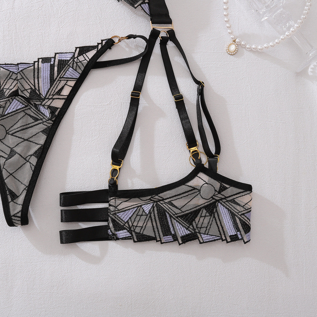 French Luxury Embroidery Mesh See through Splicing Steel Ring Push up Sexy Shapewear Split