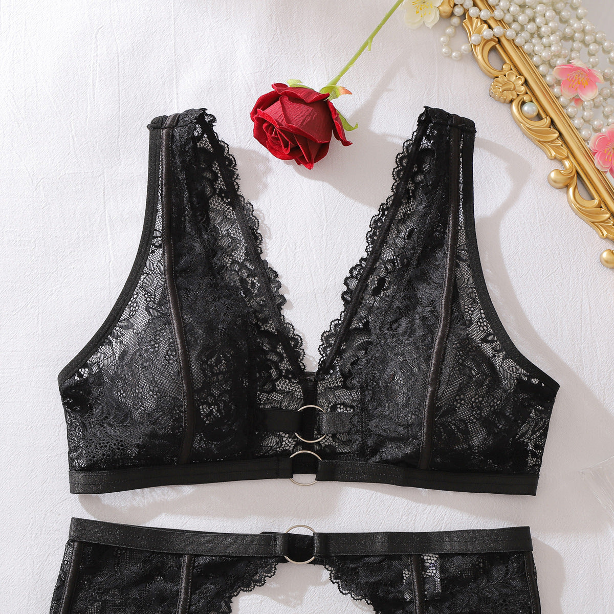 Floral Lace Hollow Out Cutout out See through Body Shaping Sexy Three Point Underwear Split Three Piece Sets