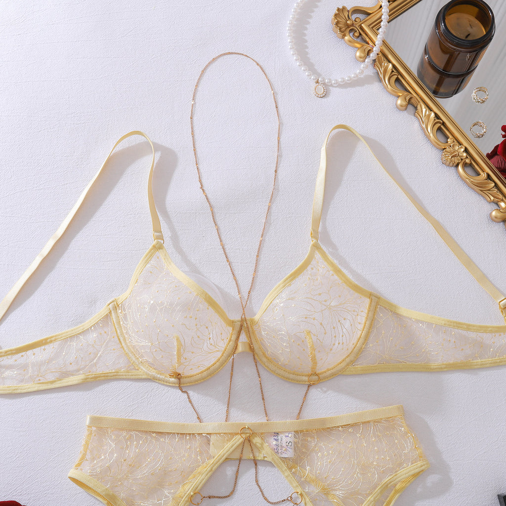 Complex Craft Metal Chain Decoration See through Lace Body Shaping Thin Sexy Underwear Split Set
