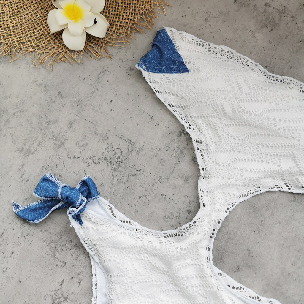 One Piece Bikini Stitching Imitation Denim Strap Sexy Backless Tube Top Swimsuit for Women
