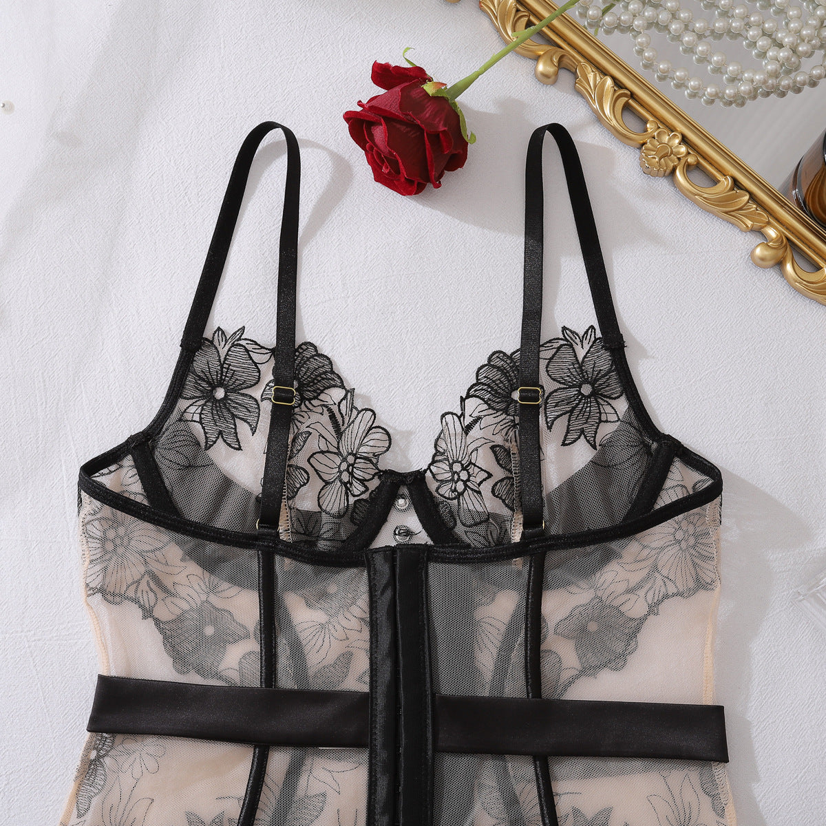 Embroidery See through Stitching Body Shaping Steel Ring Push up Sexy Split Set