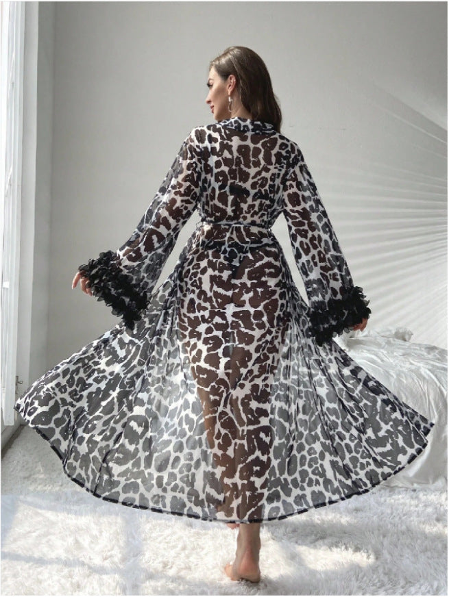 Sexy Thin Transparent Leopard Print Bell Sleeve Bathrobe Sexy Lingerie