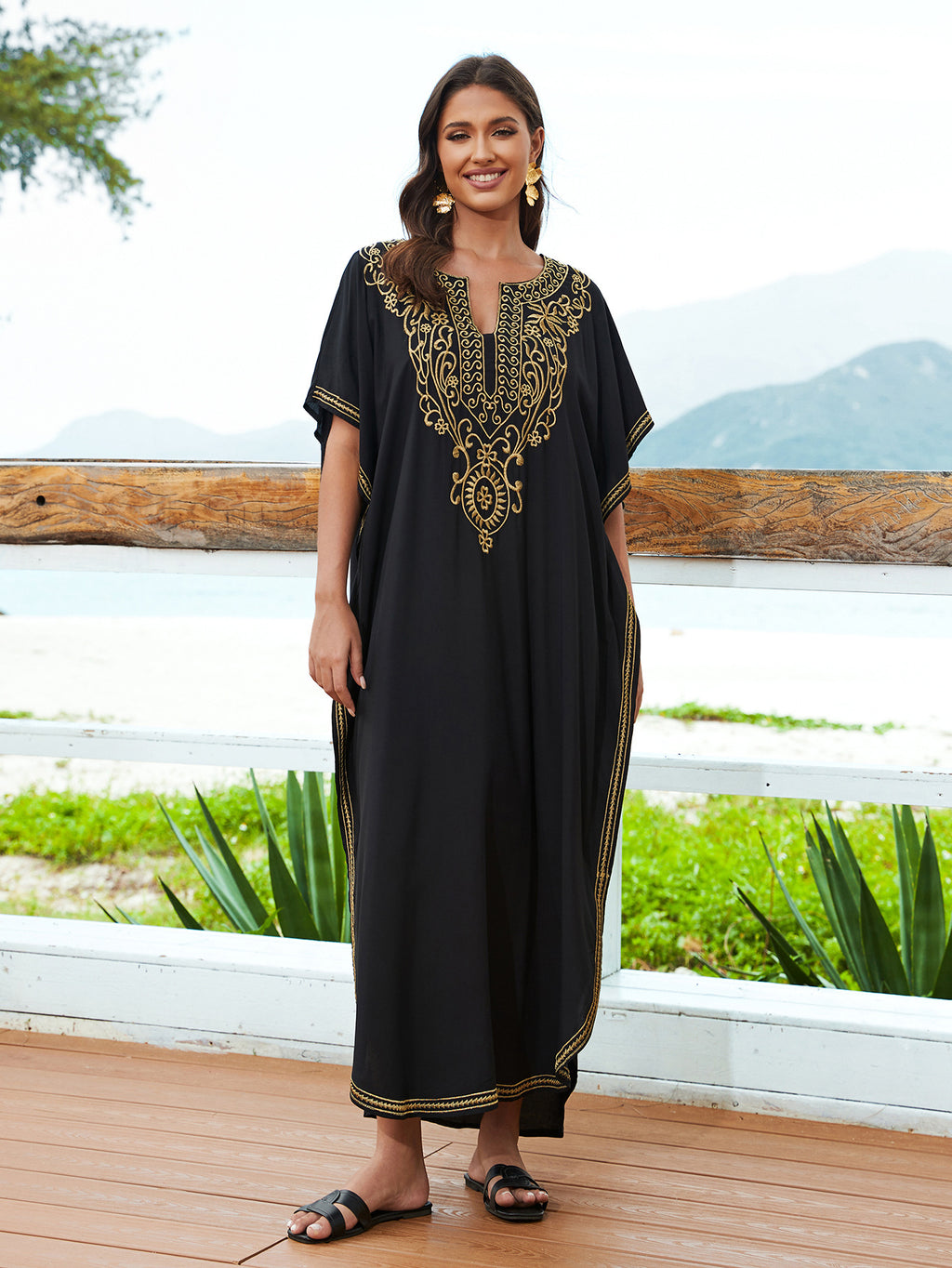Cotton Embroidered Casual Vacation Loose Maxi Dress Beach Jacket Women Maxi Dress Beach Cover Up