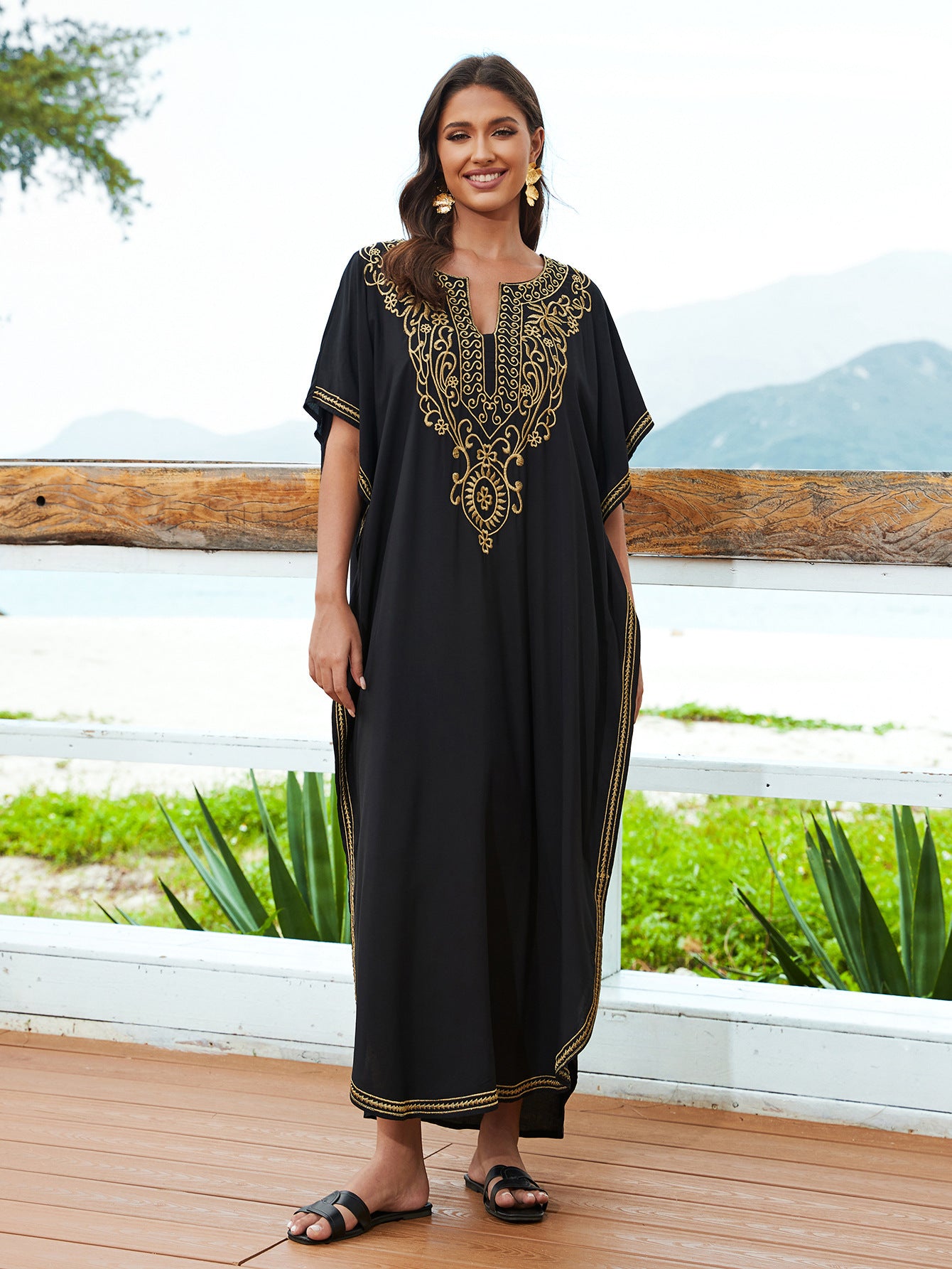 Cotton Embroidered Casual Vacation Loose Maxi Dress Beach Jacket Women Maxi Dress Beach Cover Up