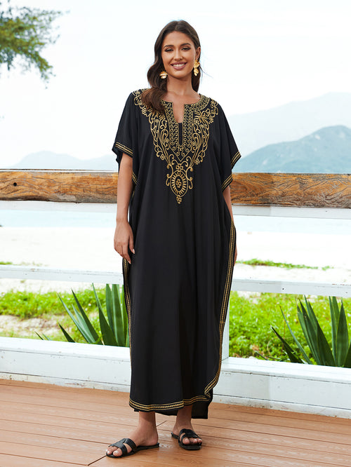 Cotton Embroidered Casual Vacation Loose Maxi Dress Beach Jacket Women Maxi Dress Beach Cover Up