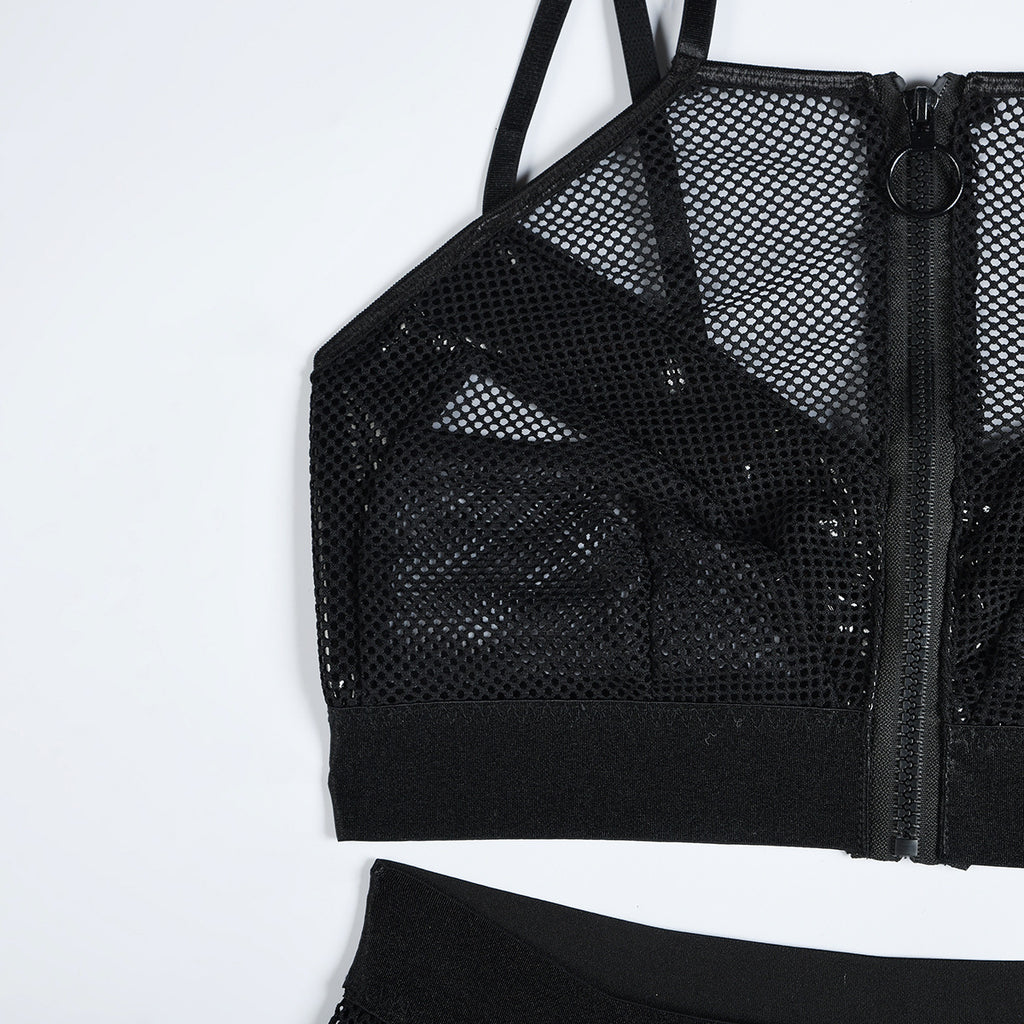 Sexy Lingerie Women Mesh Hollow Out Cutout out Three Point Faux Leather Stitching Sexy Halter Uniform