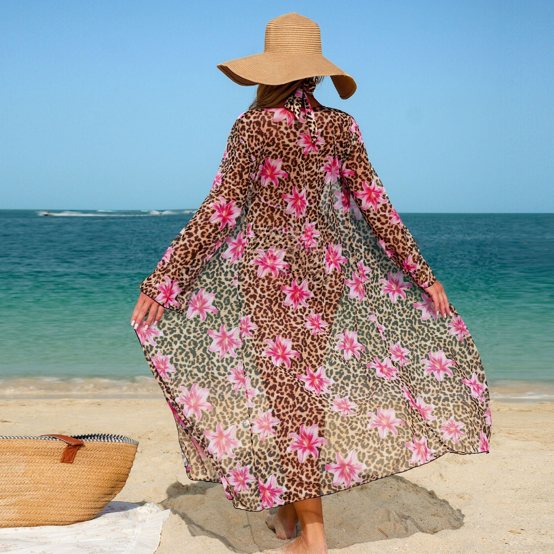 Swimwear women two piece three piece set leopard print long sleeve tagram blouse floral bikini