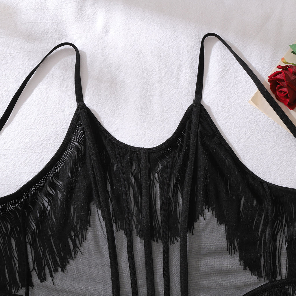 Sexy Sheer Mesh Sexy Sling Tassel Shapewear Panties Two Piece Sets