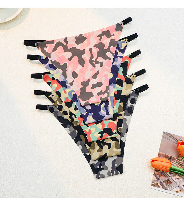 Women Ice Silk Printed Seamless Underwear Cotton Crotch Breathable Sexy Camouflage Thin Briefs Women