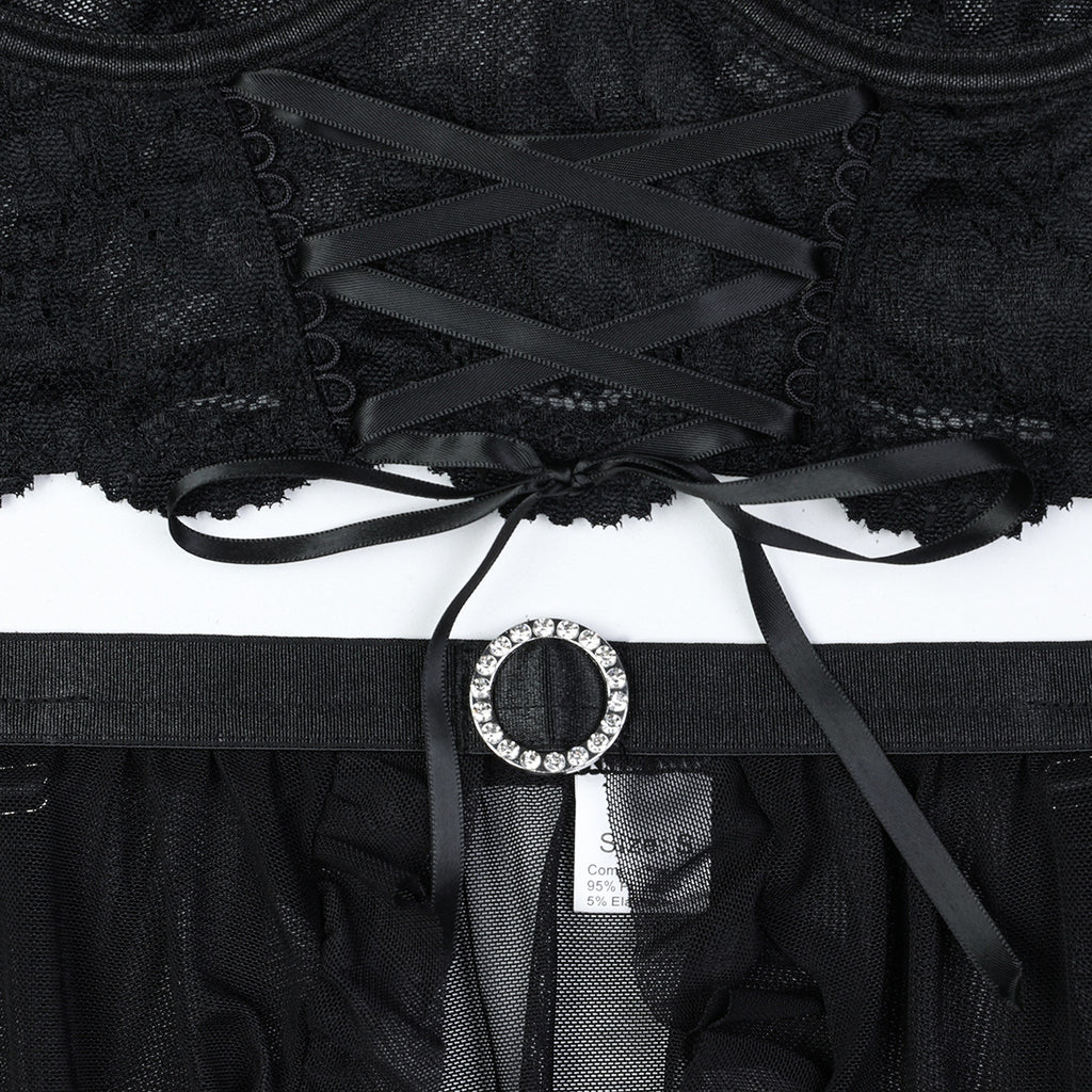 Tie Ribbon Cross Black Sexy Sling Women Clothing Lace See through Sexy Lingerie Four Piece Set