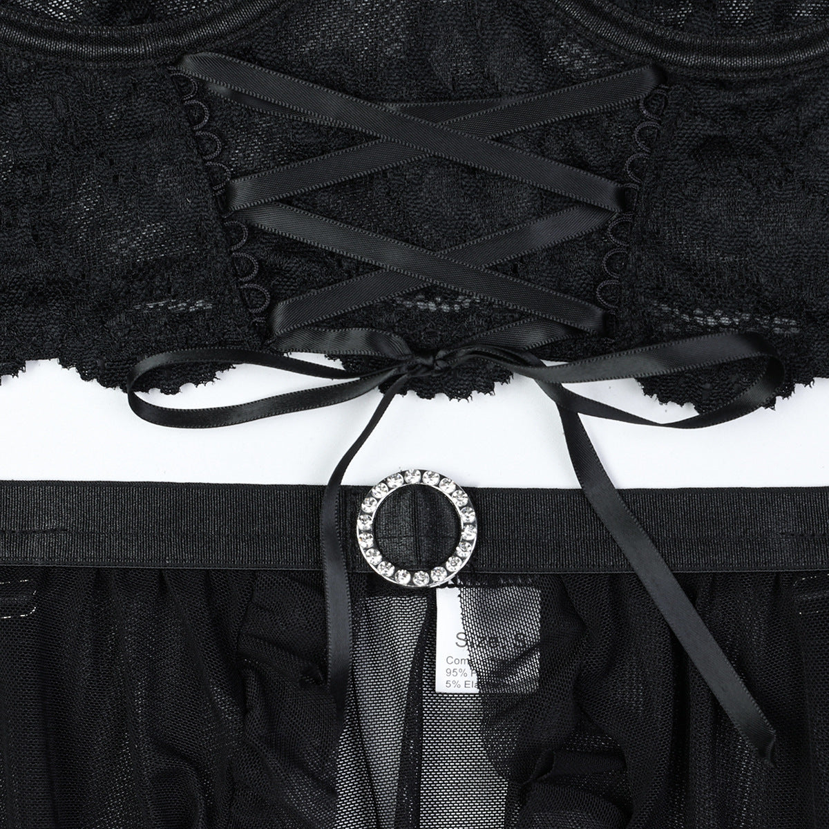 Tie Ribbon Cross Black Sexy Sling Women Clothing Lace See through Sexy Lingerie Four Piece Set
