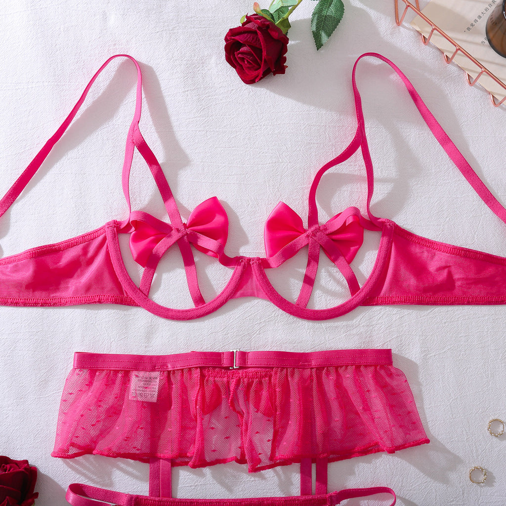 Pink Bow Rhinestone Lingerie Set — Three Piece