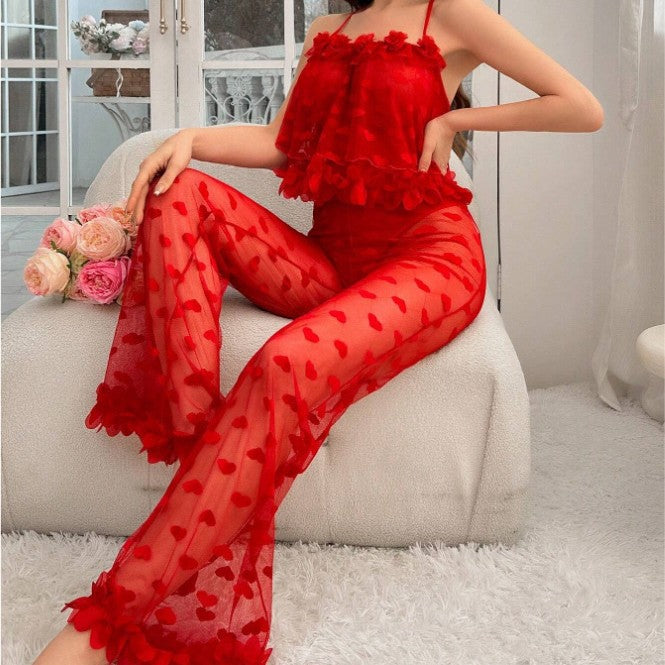 Sexy Love Jacquard Mesh Thin Transparent Pajamas Suspenders Sexy Lingerie Set