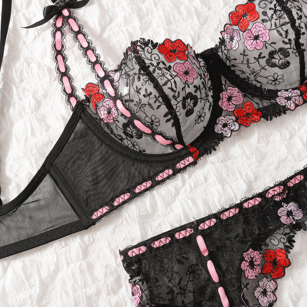 Fall Women Clothing Embroidered Floral Gathered Sexy Underwear Uniform Set