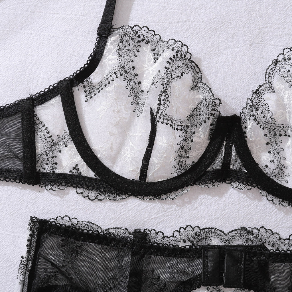 Love Contrast Color See through Embroidery Body Shaping Sexy Three Point Underwear Split Set