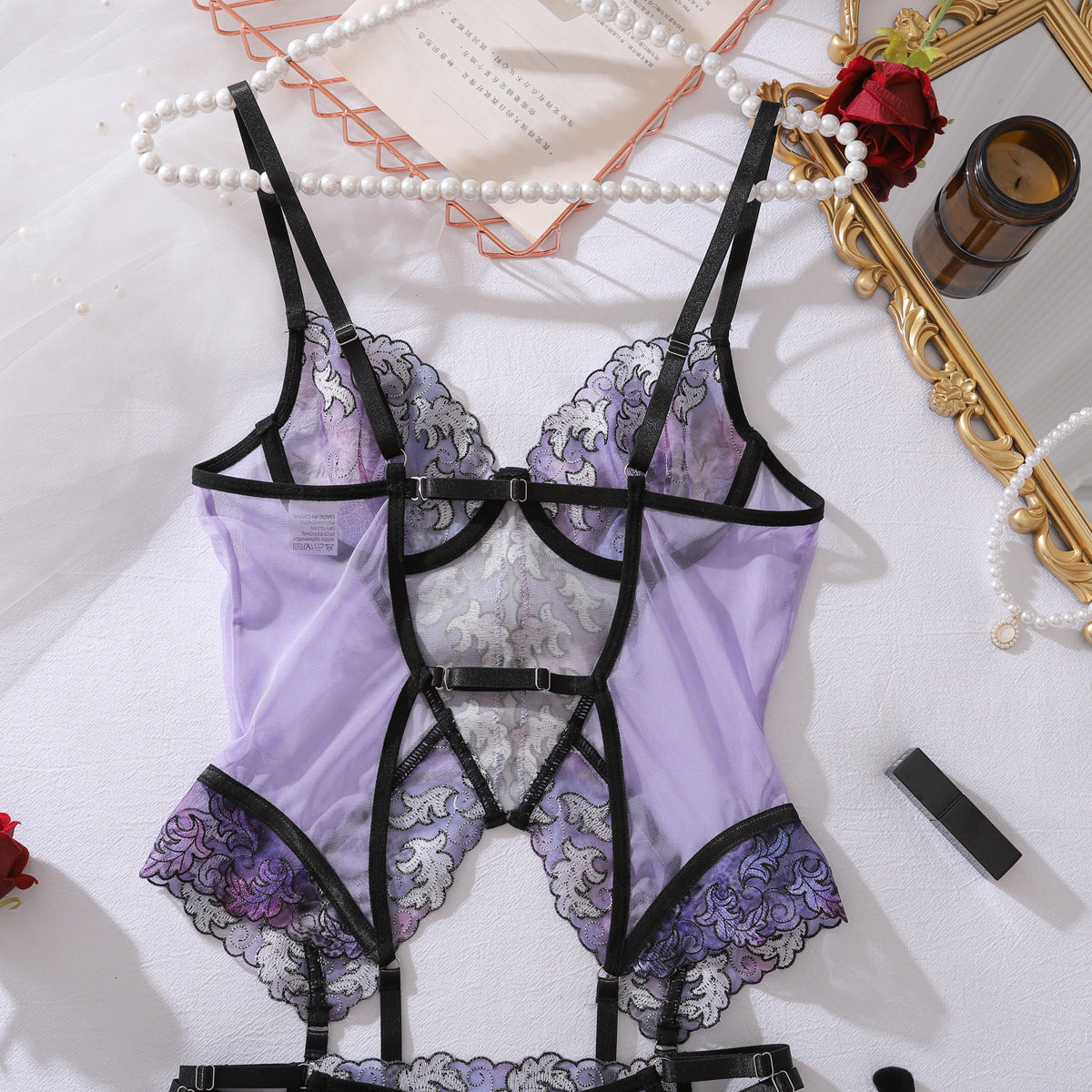 French See through Embroidery Stitching Mesh Body Shaping Sexy Purple Underwear Split Set
