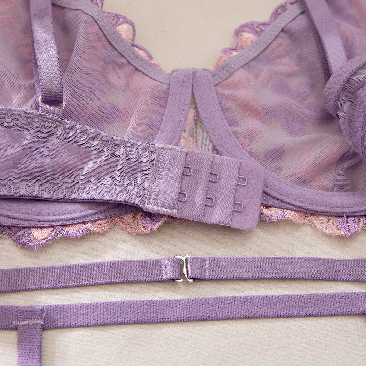 Purple Floral Embroidered Chest Cup with Lining Not Transparent Sexy Lingerie Three Piece Set Women