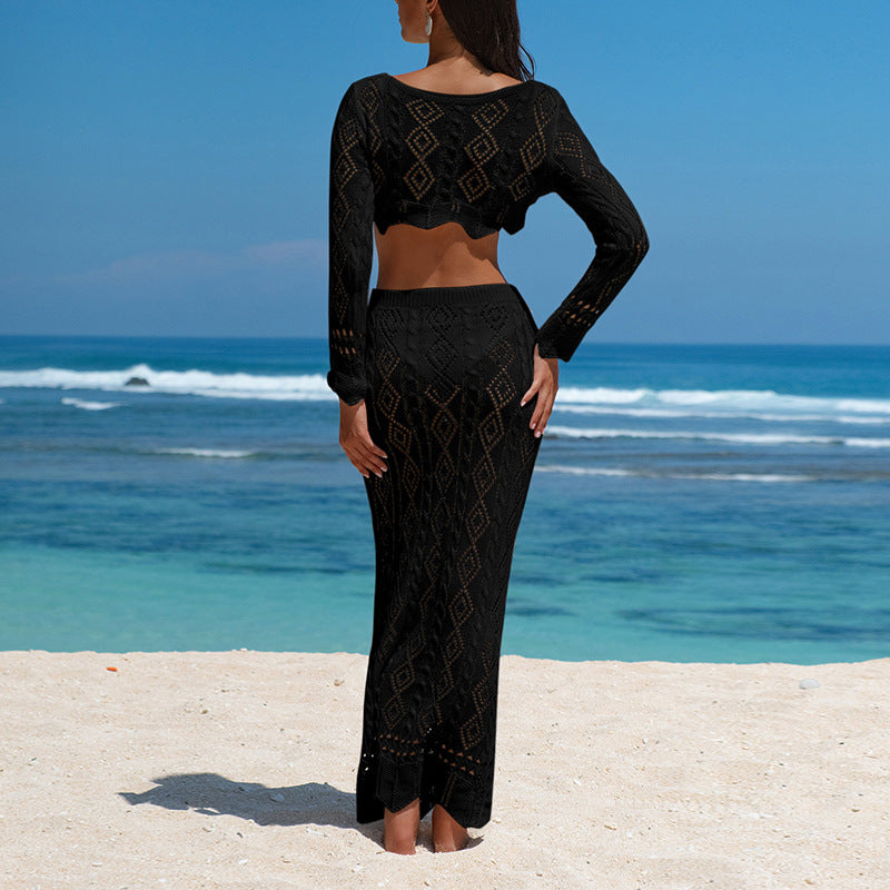 Vacation Beach Hollow Out Cutout Bikini Lace up Short Top Sun Protection Long Skirt Blouse Two Piece Sets