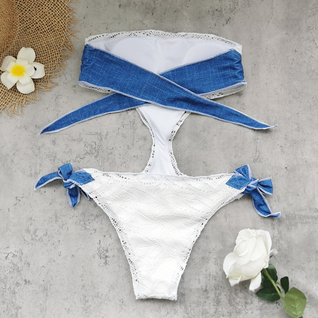 One Piece Bikini Stitching Imitation Denim Strap Sexy Backless Tube Top Swimsuit for Women