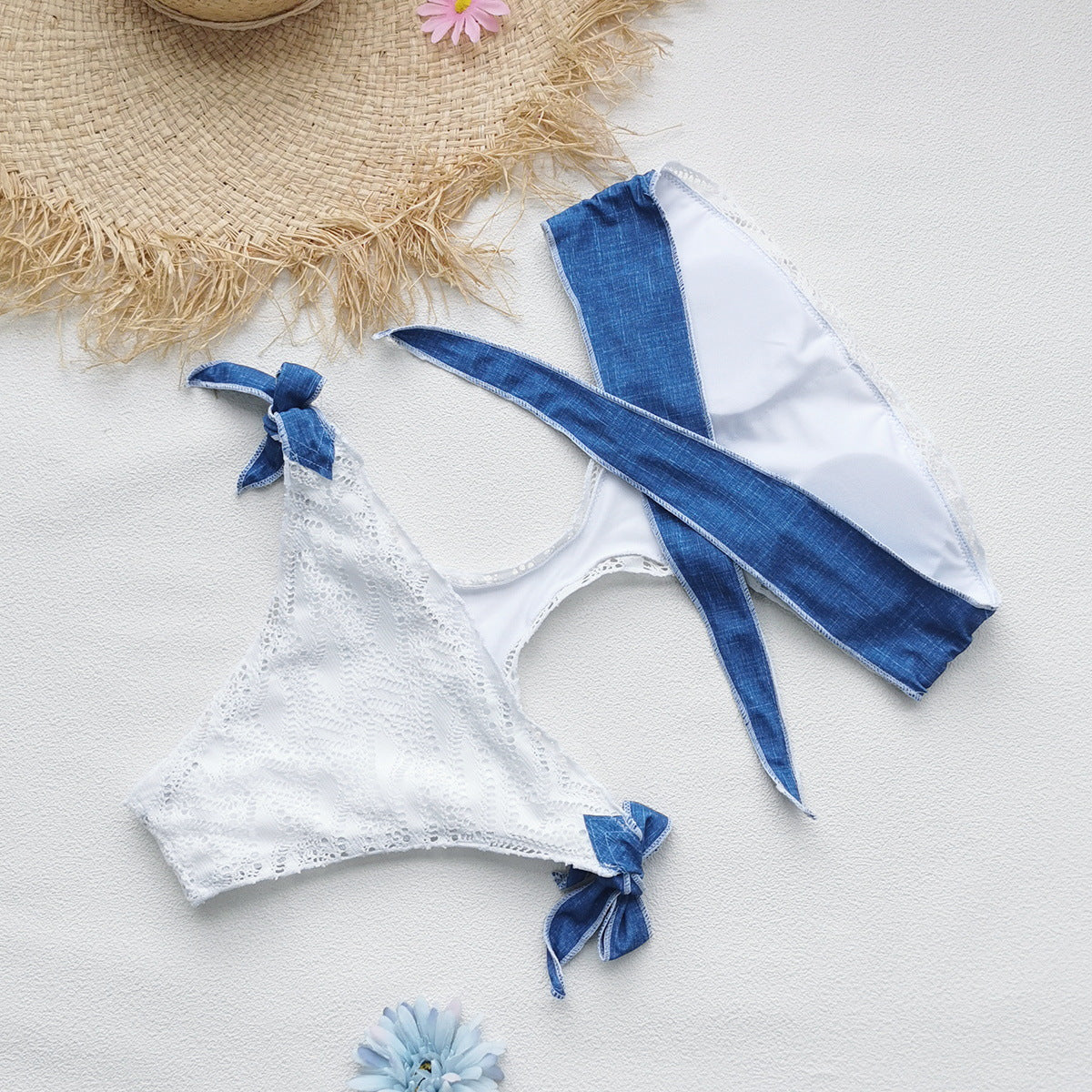One Piece Bikini Stitching Imitation Denim Strap Sexy Backless Tube Top Swimsuit for Women