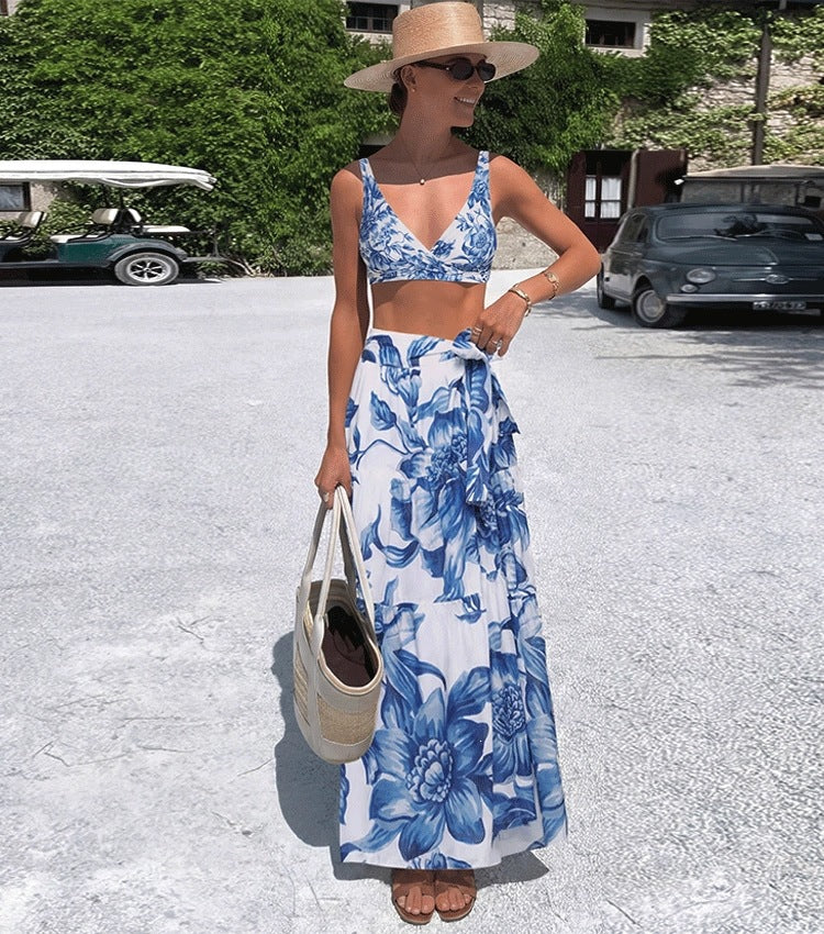 Swimsuit Blue Color Floral Vacation Swimsuit Women Long Skirt