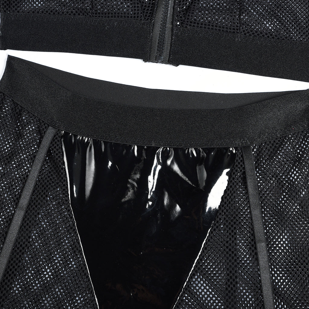 Sexy Lingerie Women Mesh Hollow Out Cutout out Three Point Faux Leather Stitching Sexy Halter Uniform