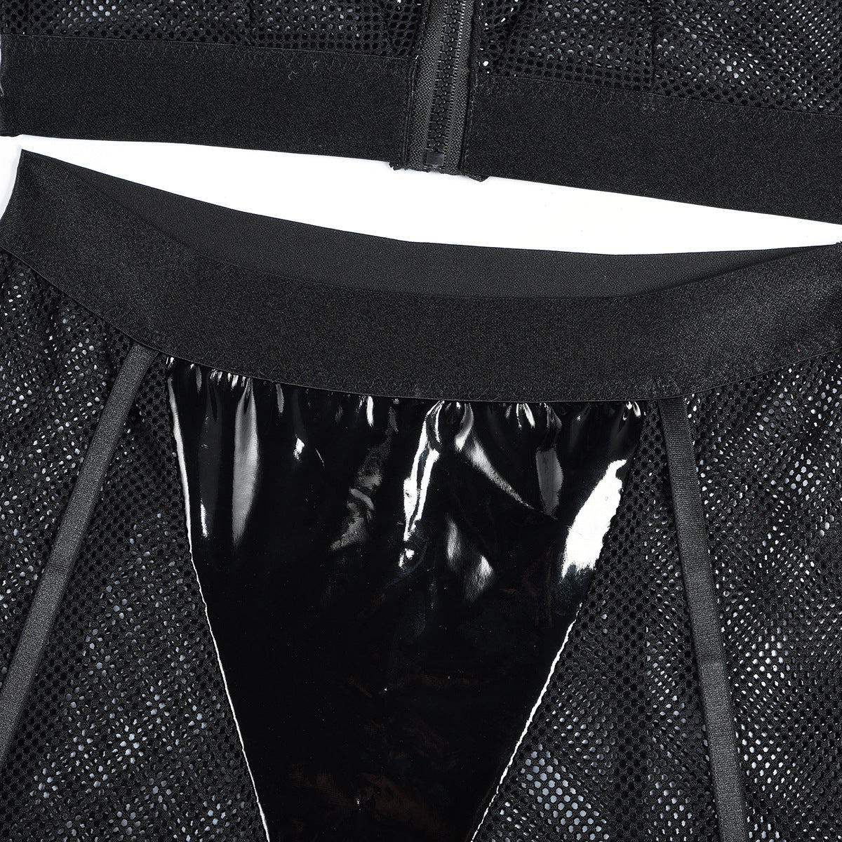 Sexy Lingerie Women Mesh Hollow Out Cutout out Three Point Faux Leather Stitching Sexy Halter Uniform