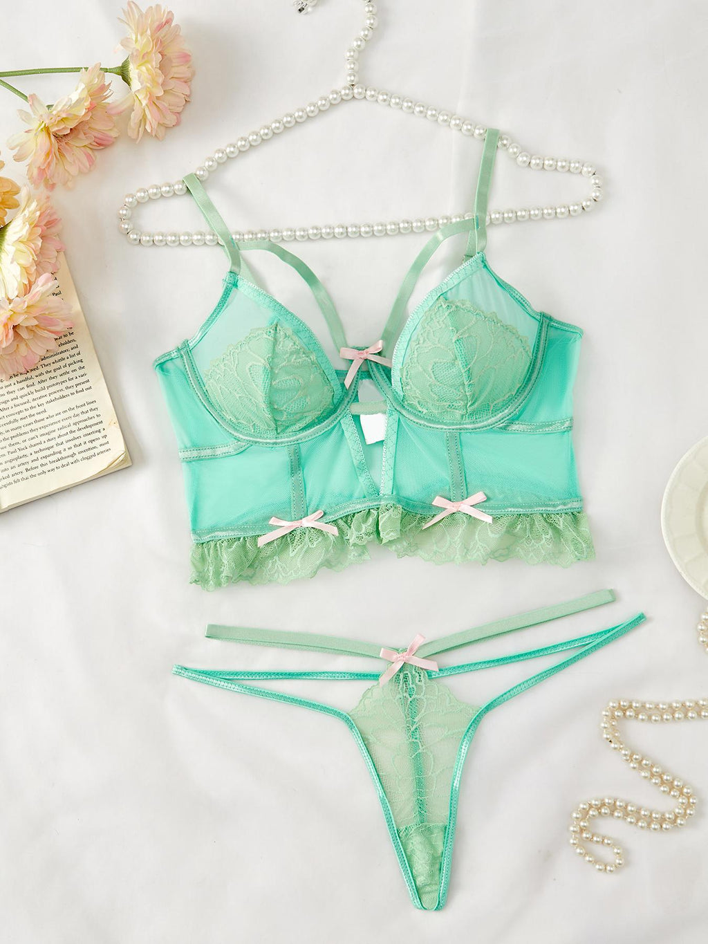 Ultra Thin Lace Bow Sweet Pure Sexy Women Sexy Underwear Two Piece Set