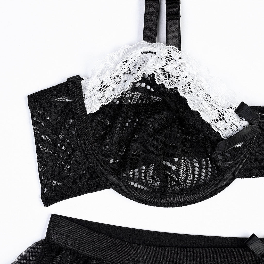 Black White Lace Contrast Color Multi Layer Lace Sexy Uniform Maid Mesh Stockings 5 Piece Set