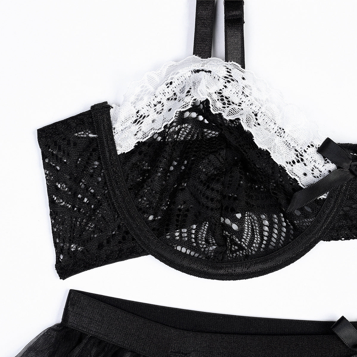 Black White Lace Contrast Color Multi Layer Lace Sexy Uniform Maid Mesh Stockings 5 Piece Set