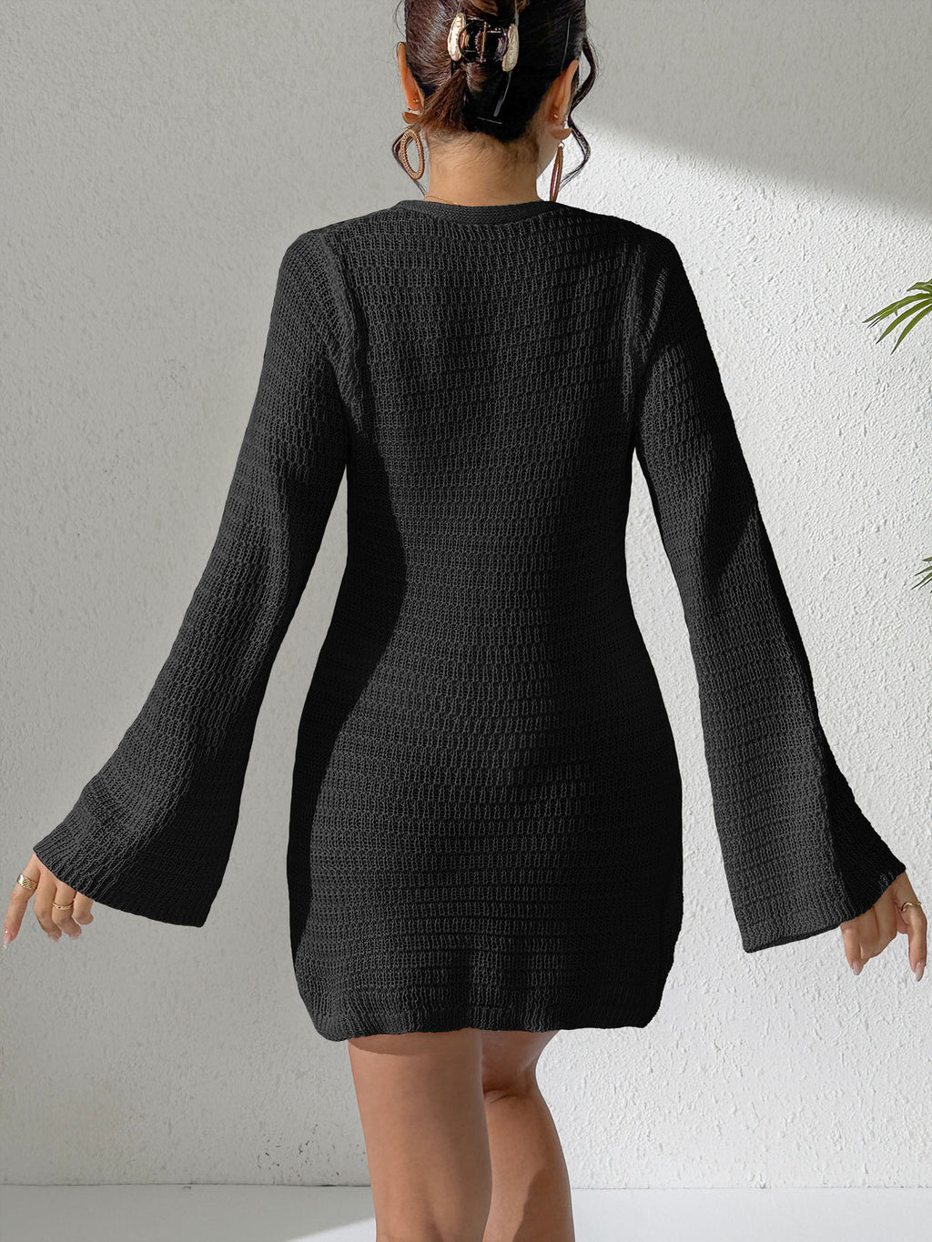 Sexy Deep V Plunge-neck Hollow Out Cutout out Bell Sleeve Beach Cover up Bikini Cover up Crochet Decorative Dress