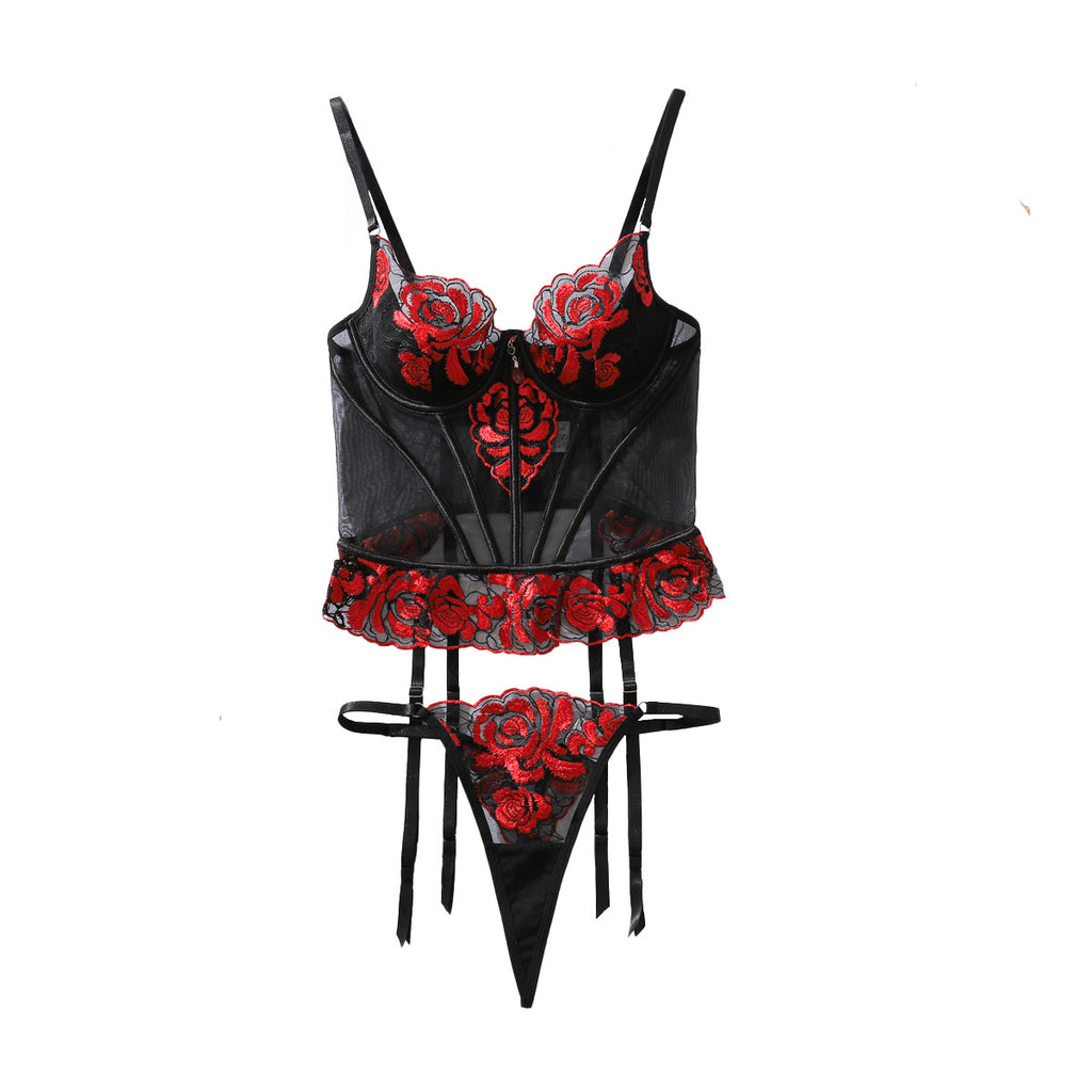 Contrast Color Lace Embroidery Corset See through Body Shaping Sexy Underwear Split Set