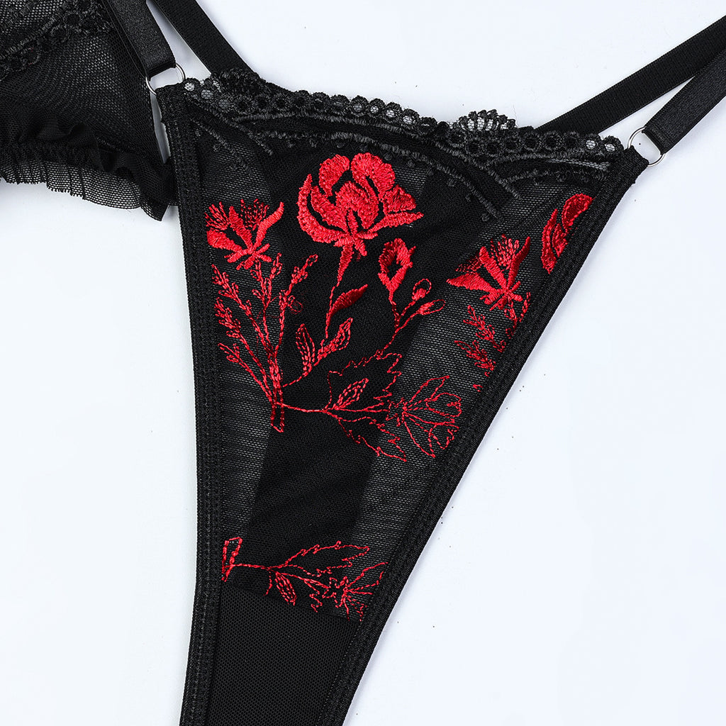 Floral Embroidery Cross Strap Women Clothing Sexy Lingerie Sexy Three Piece Set
