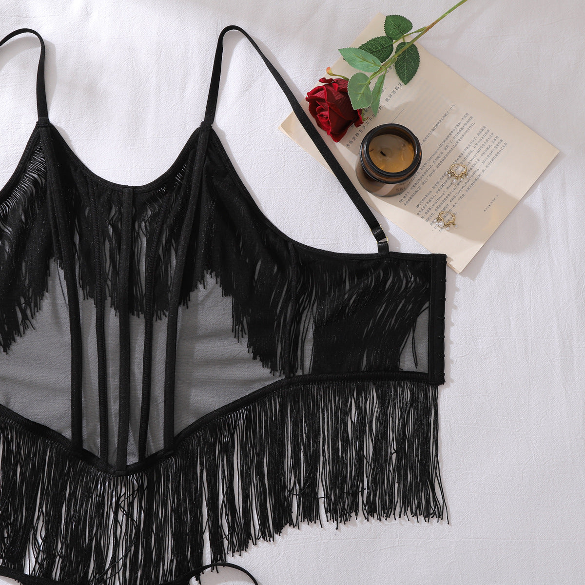Sexy Sheer Mesh Sexy Sling Tassel Shapewear Panties Two Piece Sets