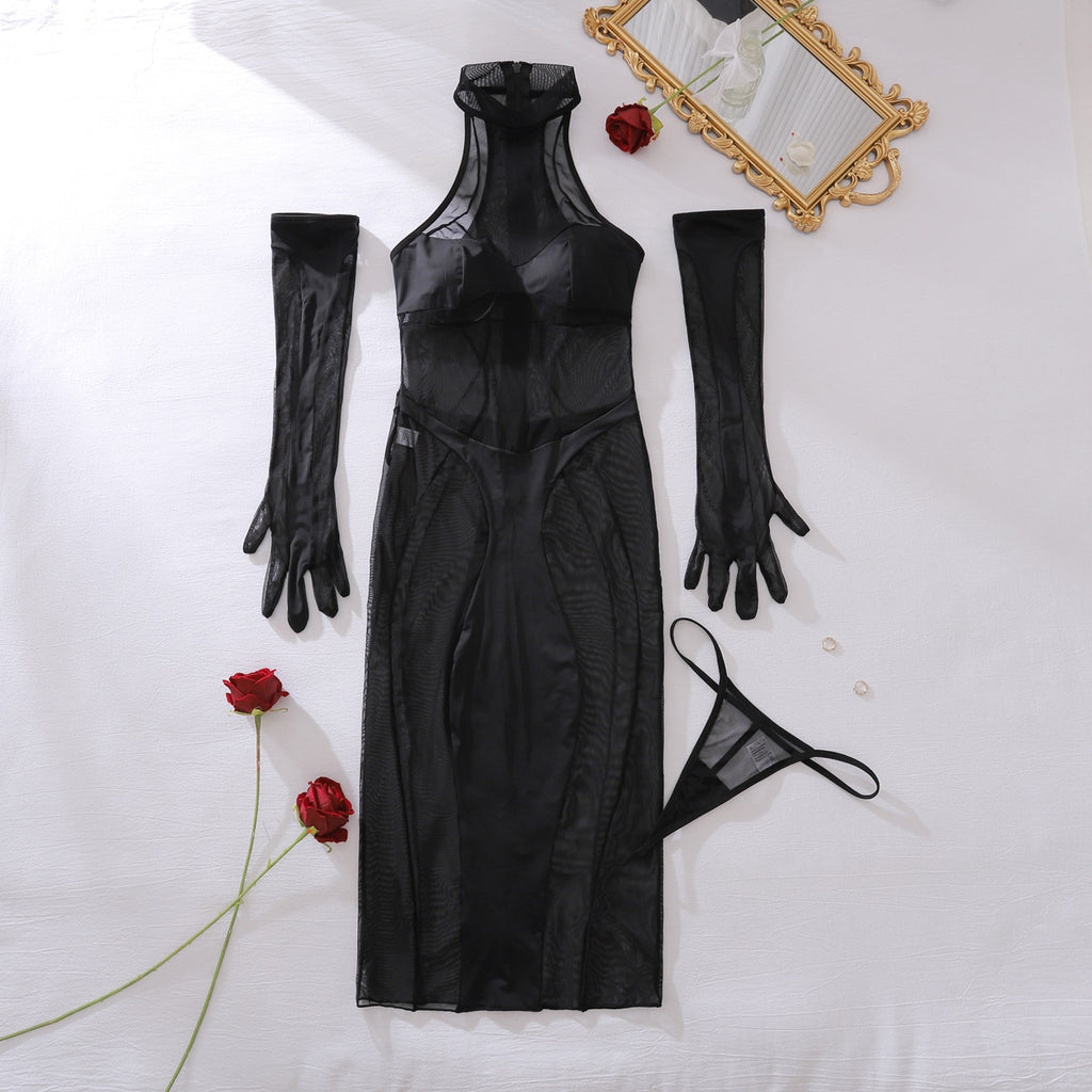 Fashionable Women Clothing Sheer Mesh Jumpsuit Body Shaping Sexy Three Piece Sets Matching Gloves