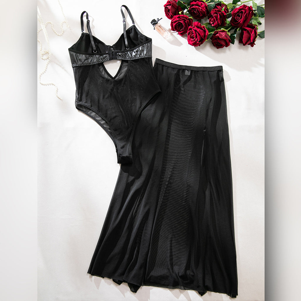 Sexy Underwear Faux Leather Stitching Mesh Short Dress Split Open Leg Long Skirt Two Piece Sets