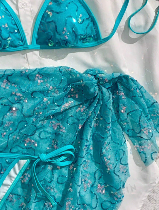 Summer Women Blue Sequined Spaghetti Strap Halter Holiday Sexy Beach Three Piece Bikini Swimsuit