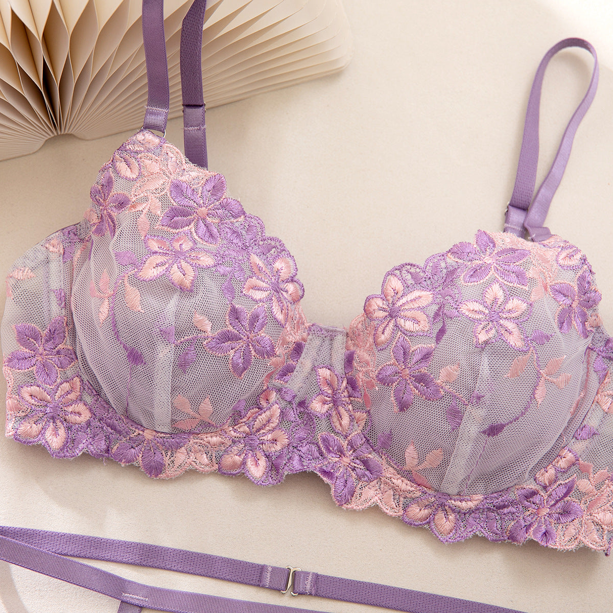 Purple Floral Embroidered Chest Cup with Lining Not Transparent Sexy Lingerie Three Piece Set Women