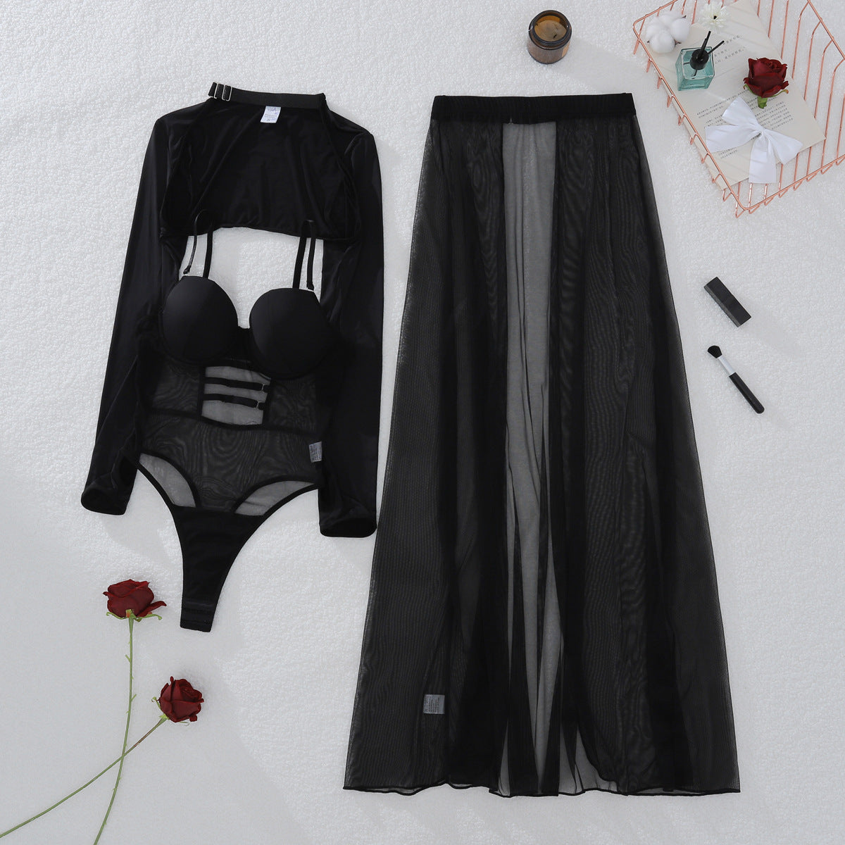 Body Shaping Corsets Stitching Sexy Split Skirt Three Piece Set
